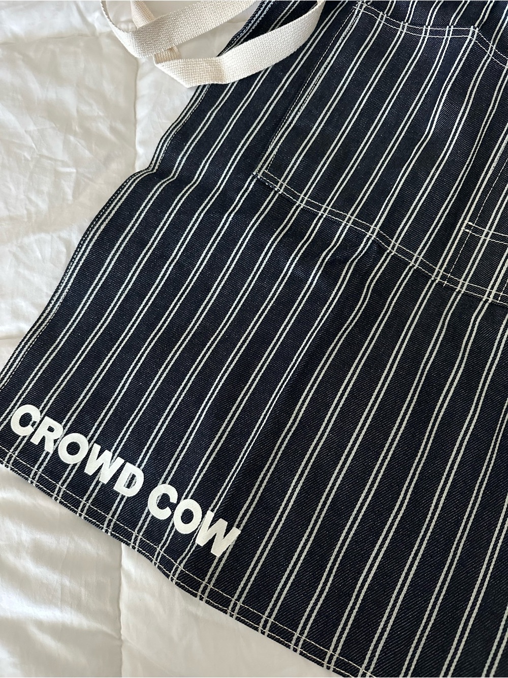 CROWD COW Striped Navy Apron with White Lettering